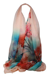 Pink and Blue Floral Print Chiffon Scarf, Wrap / Sarong / Stole