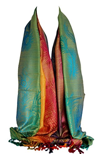 Peacock Feather Print Rainbow Colours Large Pashmina Feel Wrap / Scarf / Shawl