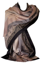 Load image into Gallery viewer, Self-Embossed Paisley Border &amp; Motif Reversible Two Sided Beige Grey Stripes Pashmina Feel Scarf Wrap Shawl Stole Head Scarves