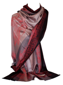 Self-Embossed Paisley Border & Motif Reversible Two Sided Beige Grey Stripes Pashmina Feel Scarf Wrap Shawl Stole Head Scarves