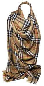 Pashmina Feel Tartan Print Check Scarf/Wrap | Large Shawl with Rainbow Stripe | Women’s Scarves