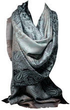 Load image into Gallery viewer, Embossed Reversible Two Sided Full Paisley Print with Background Stripes of Earth Colours Pashmina Feel Scarf / Shawl / Wrap / Stole / Head Scarves
