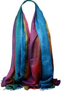 Peacock Feather Print Rainbow Colours Large Pashmina Feel Wrap / Scarf / Shawl