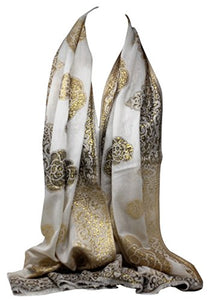Foil Printed Off White Thin Soft Metal Thread Floral Print in Gold Copper Wrap / Shawl / Stole / Scarf