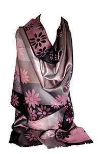 Self-Embossed Floral Daisy Print Reversible Two Sided Stripes Pashmina Feel Scarf / Wrap / Shawl / Stole
