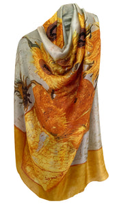 Large Silk Women Scarf, Sunflower Print Summer Silky Feel Head Wrap Shawl, Light Weight Fashion Neck Scarves for Ladies